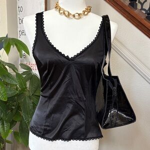 Gorgeous Vintage Black Satin Camisole with Lace Trim 🤩